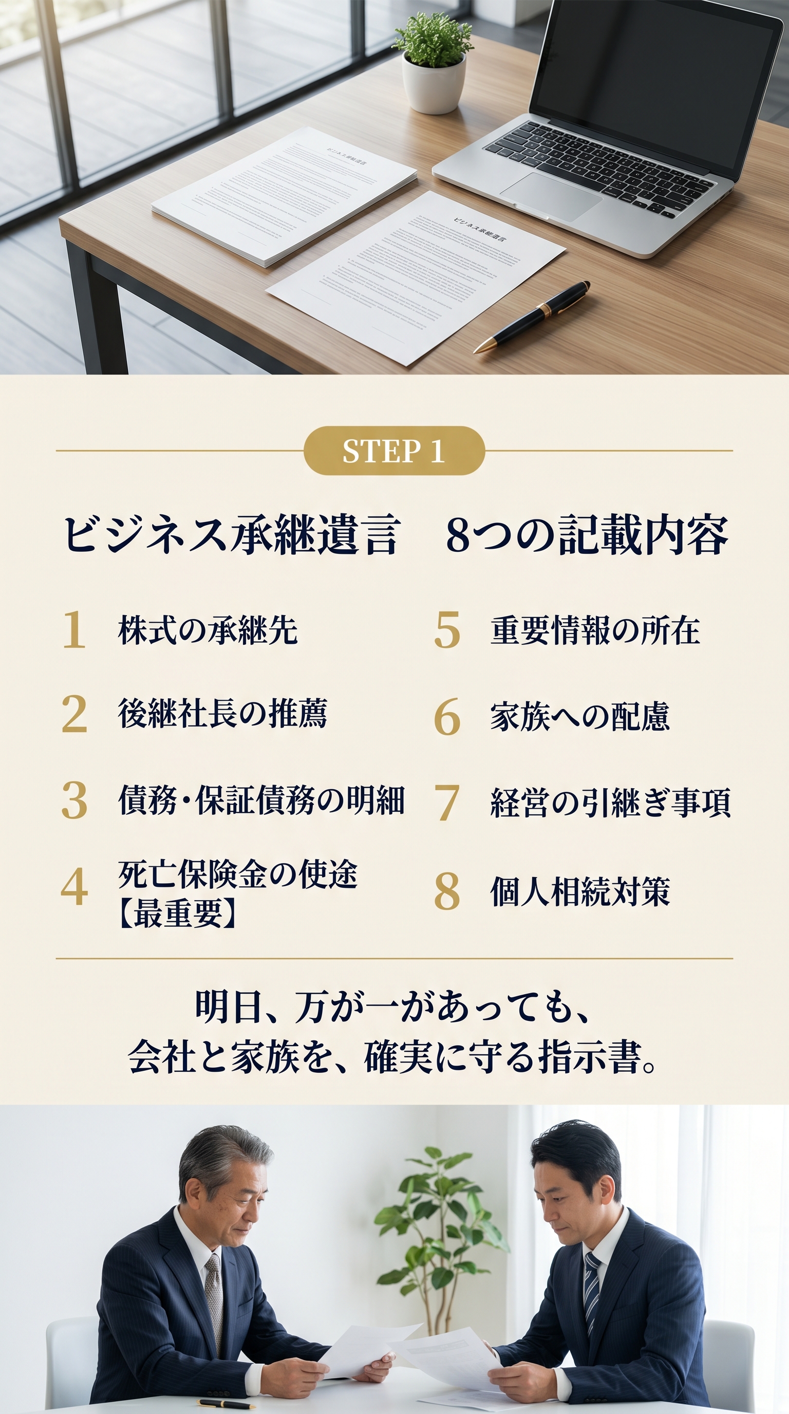 STEP 1 8つの記載内容：1. 株式の承継先 / 2. 後継社長の推薦 / 3. 債務・保証債務の明細 / 4. 死亡保険金の使途【最重要】 / 5. 重要情報の所在 / 6. 家族への配慮 / 7. 経営の引継ぎ事項 / 8. 個人相続対策。明日、万が一があっても、会社と家族を、確実に守る指示書。