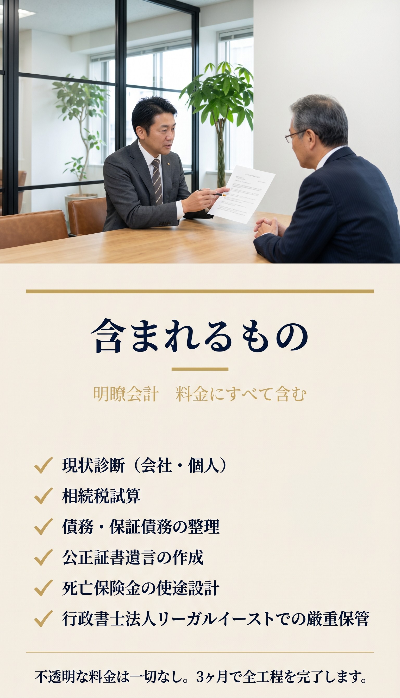 含まれるもの（明瞭会計・料金にすべて含む）：現状診断（会社・個人）／相続税試算／債務・保証債務の整理／公正証書遺言の作成／死亡保険金の使途設計／行政書士法人リーガルイーストでの厳重保管。不透明な料金は一切なし。3ヶ月で全工程を完了します。